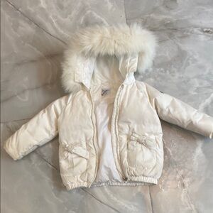 Kids Cream Puffer Jacket with Faux Fur Hood